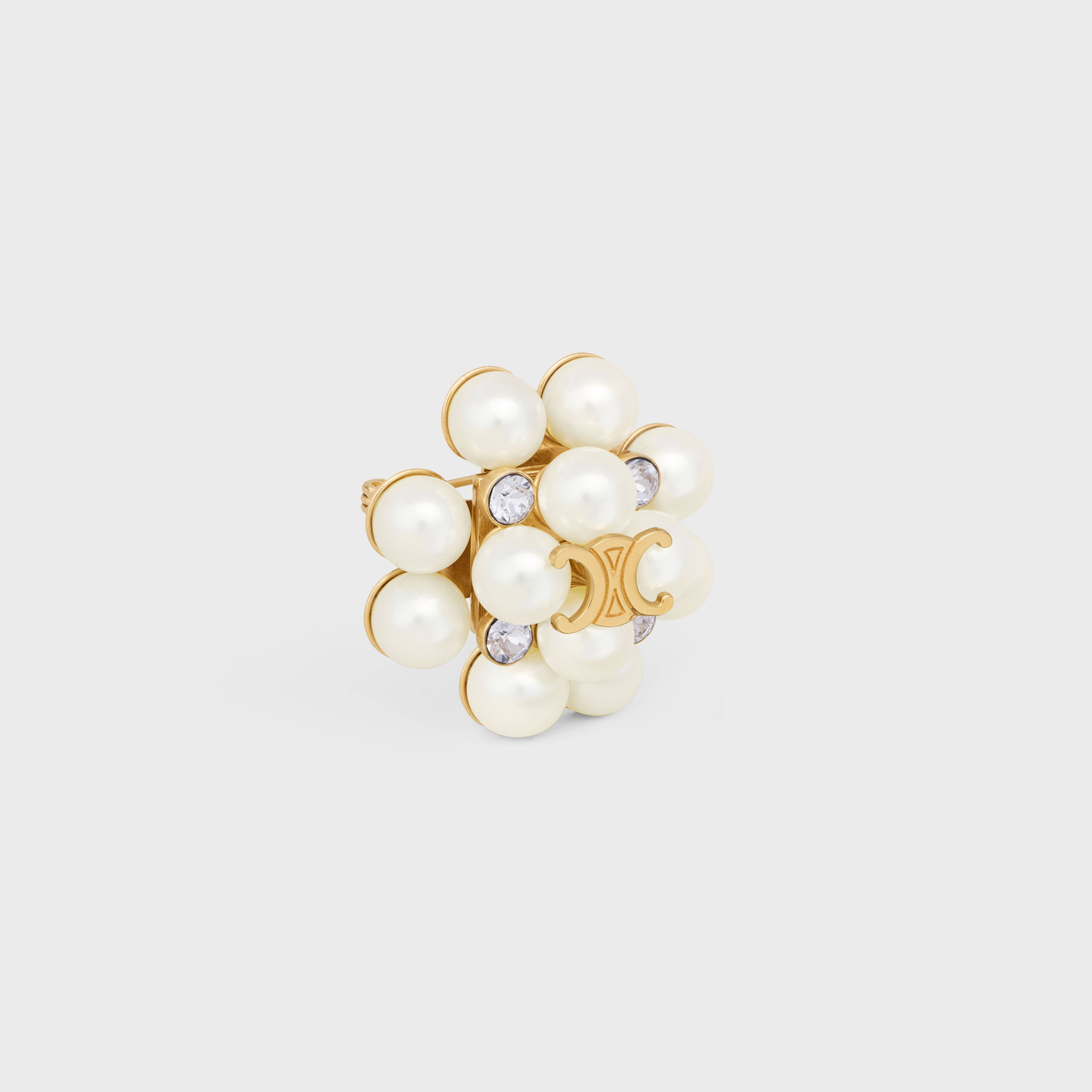 Les Perles Celine Brooch in Strass, Resin Pearls, Brass with Gold Finish and Steel - GOLD / IVORY - LES PERLES CELINE - 2 | CELINE