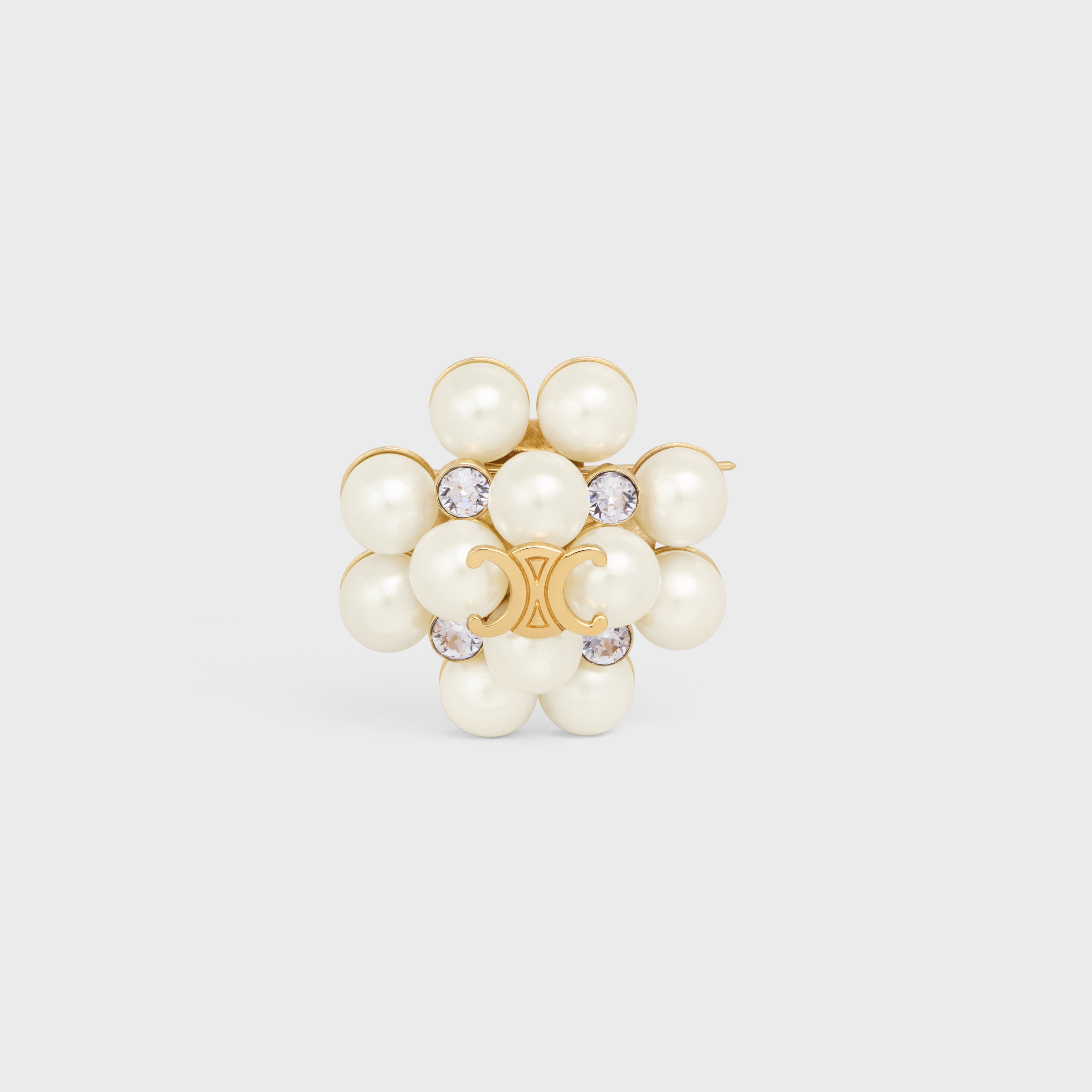 Les Perles Celine Brooch in Strass, Resin Pearls, Brass with Gold Finish and Steel - GOLD / IVORY - NEW - 2 | CELINE